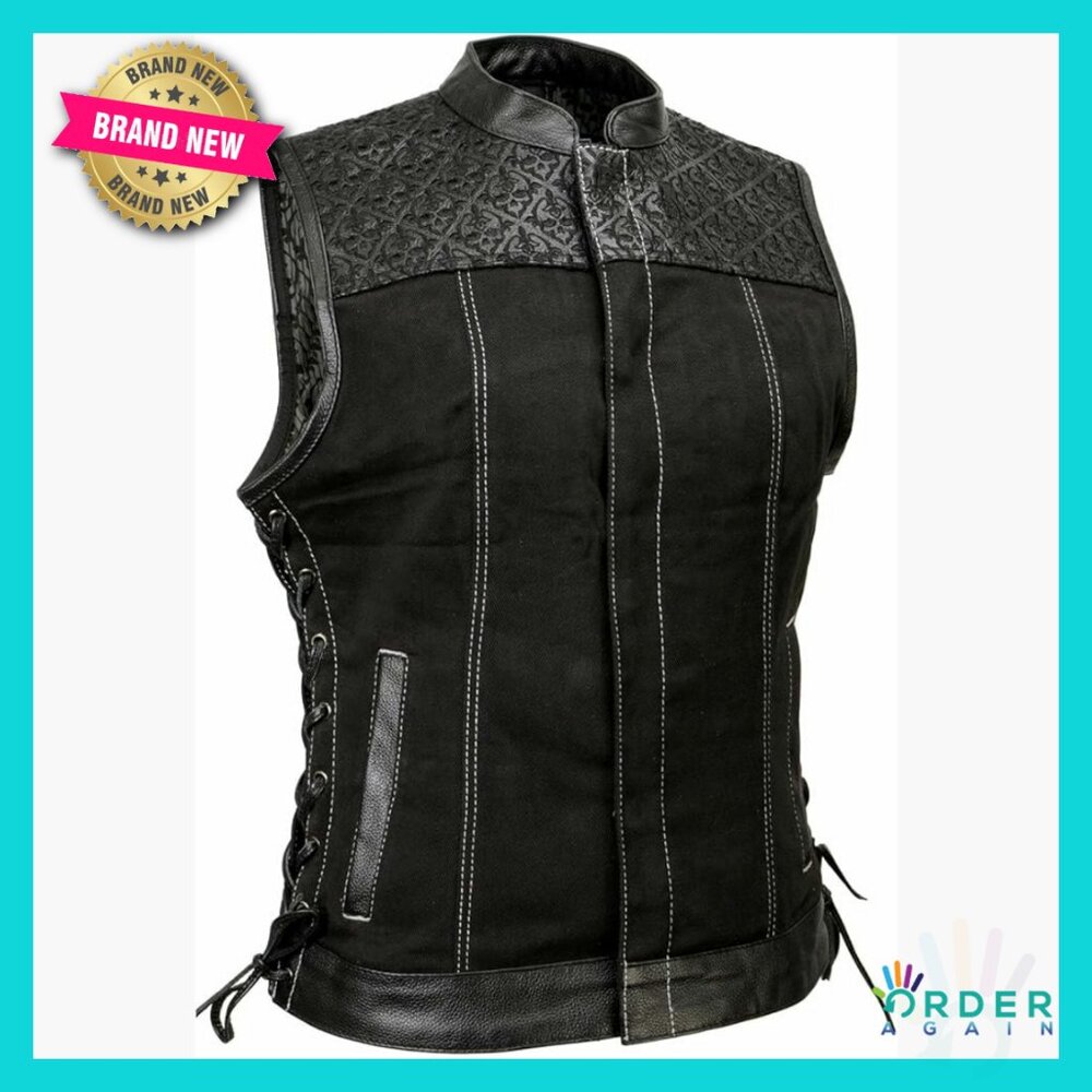 Motorcycle Denim Vest Skull Embroidery Club Style Y2k Retro Biker Chic